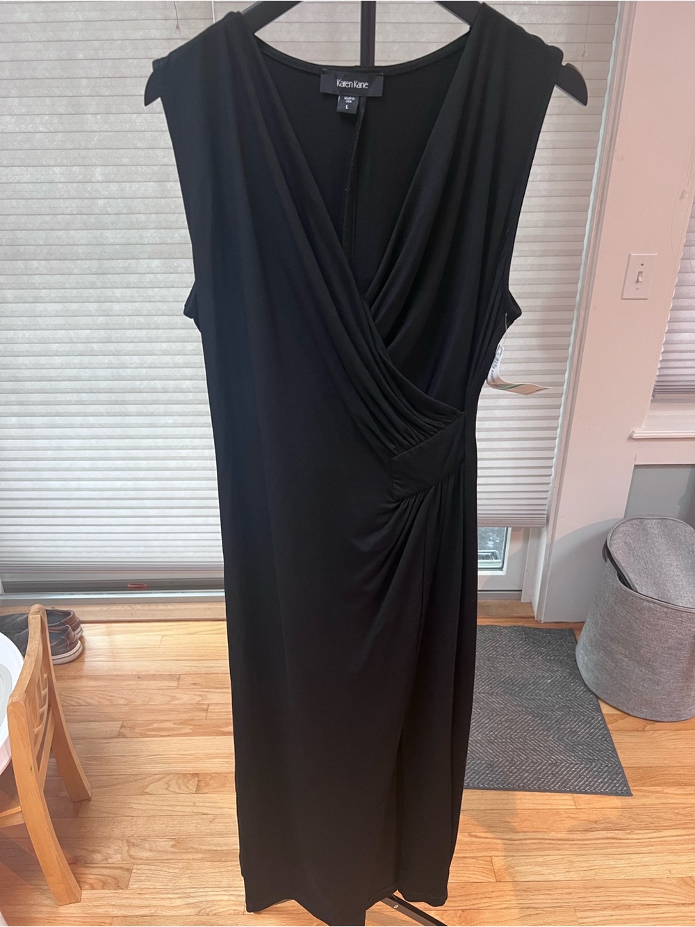 NWT Karen Kane Black Sleeveless Faux-Wrap Dress with Side Ruching Size L